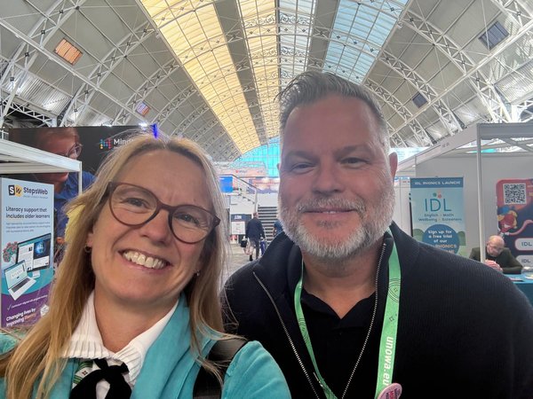 Helen Roberts and Greg Dwyer in the exhibition hall at the Business Design Centre, London